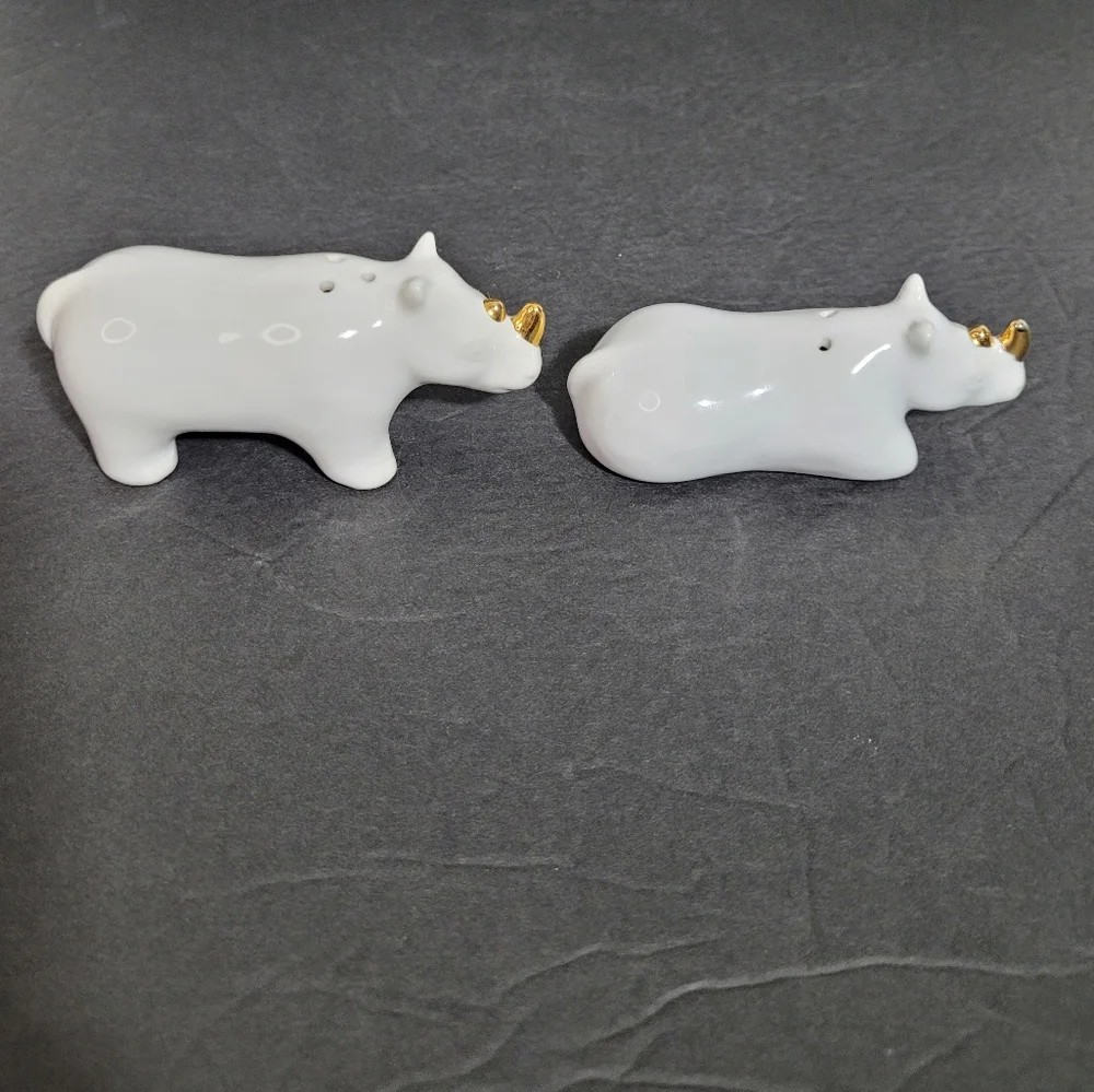 White Rhinoceros Salt & Pepper Shakers Set with Golden Horns